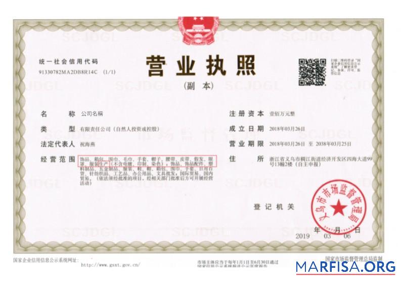 Blank China Business License example